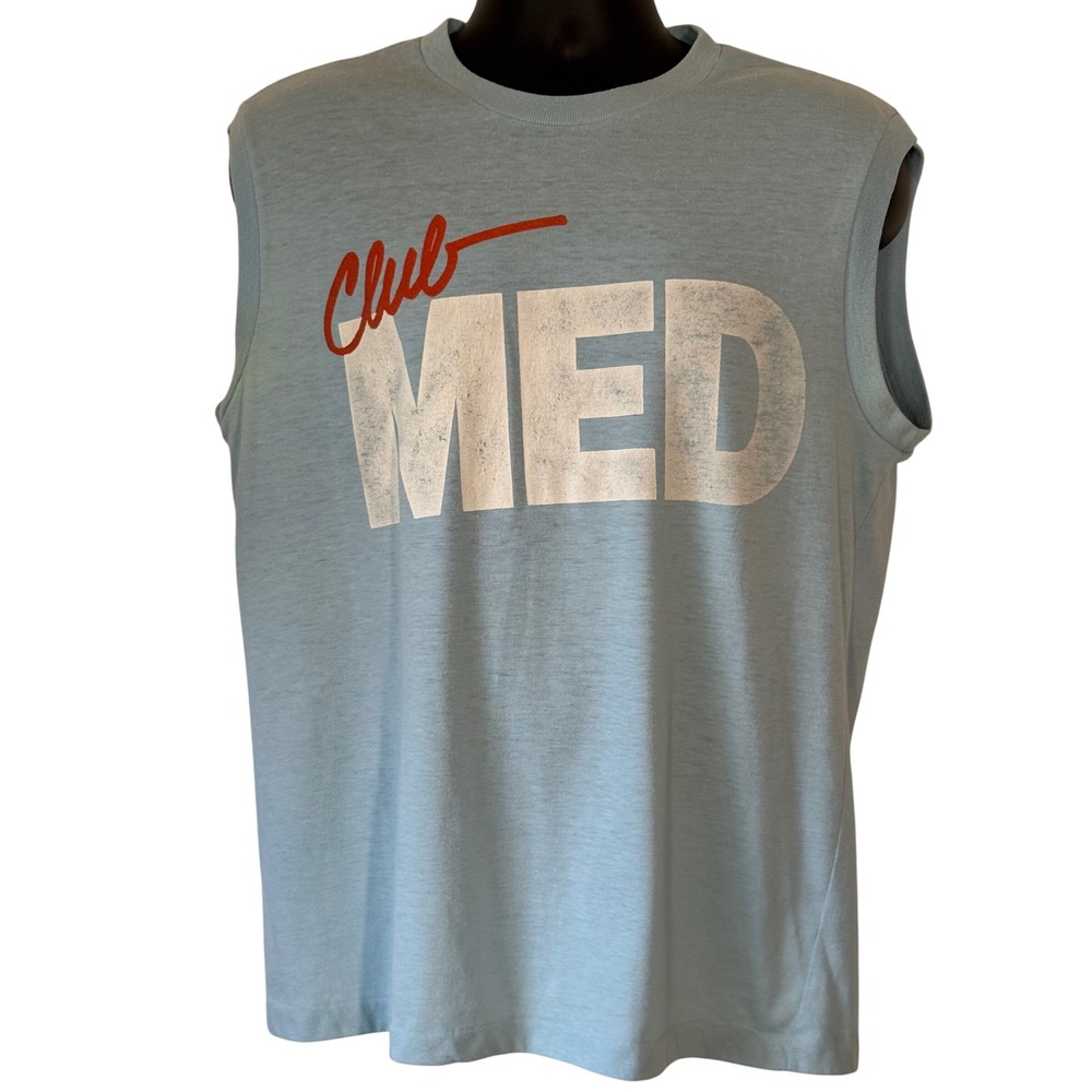 Vintage Club Med Sleeveless Muscle T-Shirt Light Blue Graphic Retro 80s 90s M